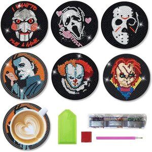 6 PCS Diamond Painting Coasters Kits with Holder Horror Halloween, DIY Funny